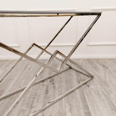 Vesta Chrome Console Table with Stomach Ash Sintered Stone Top - 120cm W x 40cm D x 70cm H - UK Luxury Furniture